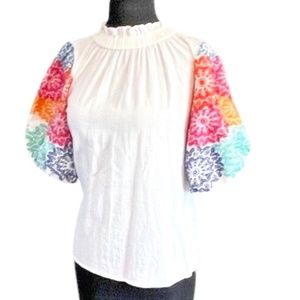 THML White Cotton Embroidered Bright Colors Flowers Top Puffy Sleeves Ladies XS